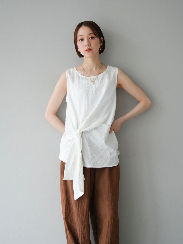 [SET] 前裹式無袖上衣+麻質下擺回型寬褲（2件組）