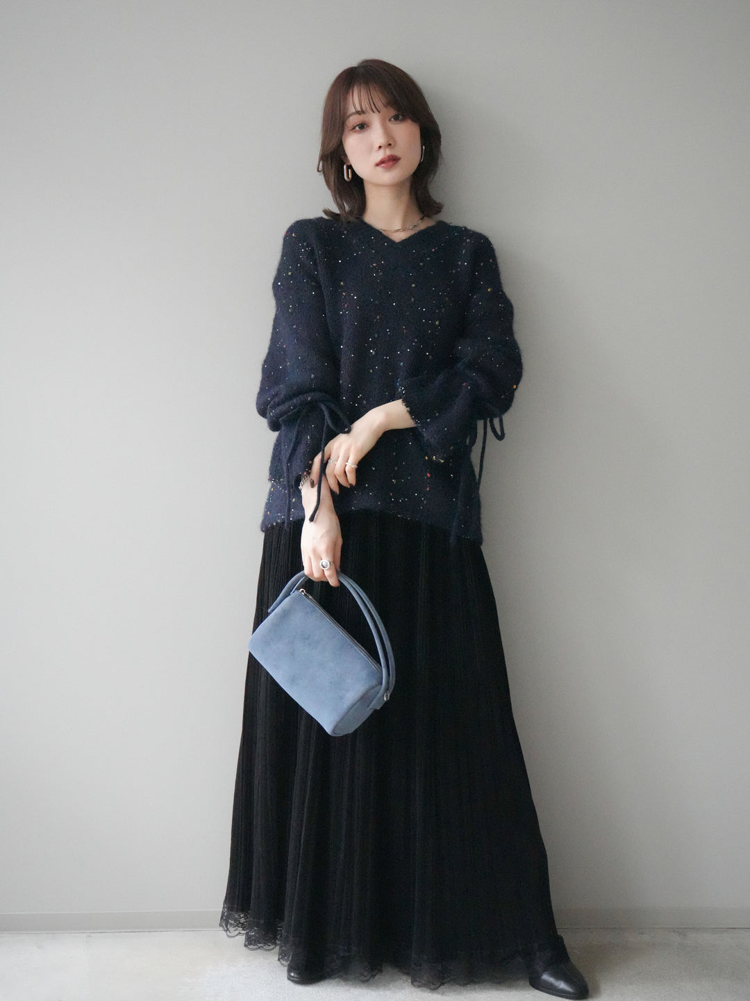 [SET]キャンディースリーブカラーネップスパンコールニットプルオーバー+裾レーススウェードプリーツマキシスカート(2set)