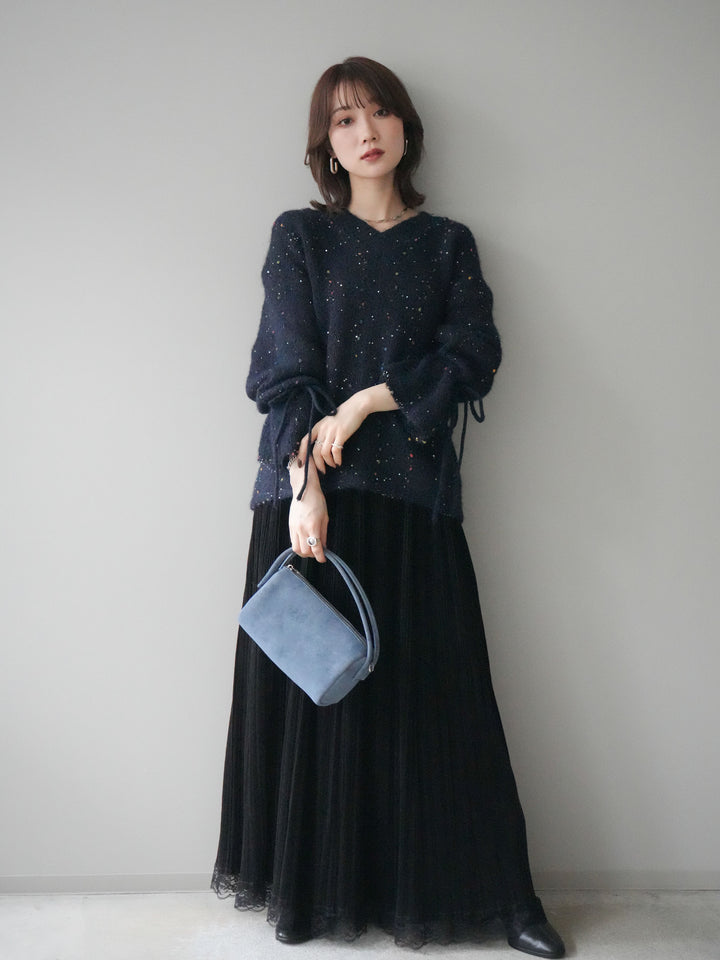 [SET]キャンディースリーブカラーネップスパンコールニットプルオーバー+裾レーススウェードプリーツマキシスカート(2set)