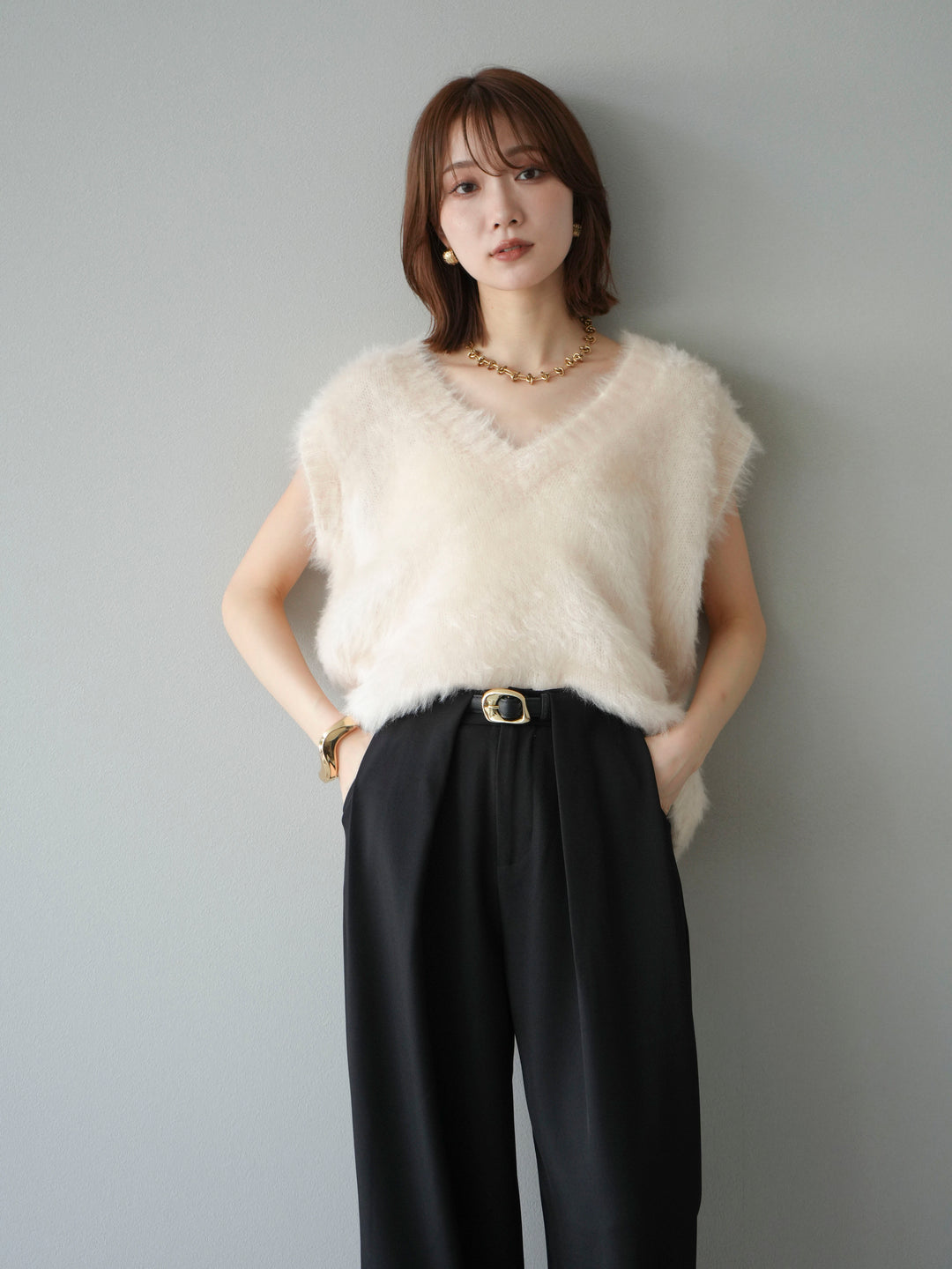 [SET]ラメシャギーVネックニットベスト+ベルトループデザインワイドパンツ(2set)