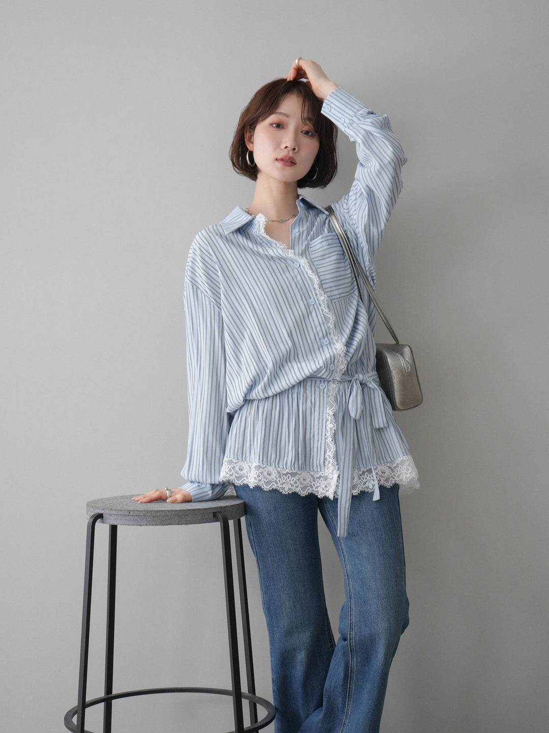 [SET]レース付ストライプウエストギャザーシャツ+フリンジデザインセミフレアデニム(2set)
