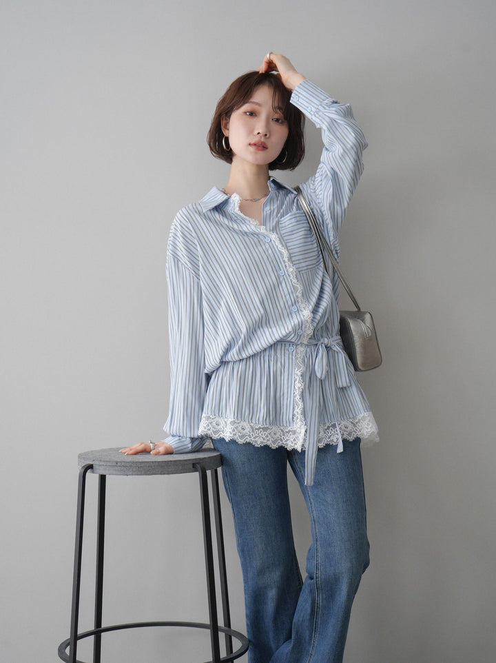 [SET]レース付ストライプウエストギャザーシャツ+フリンジデザインセミフレアデニム(2set)