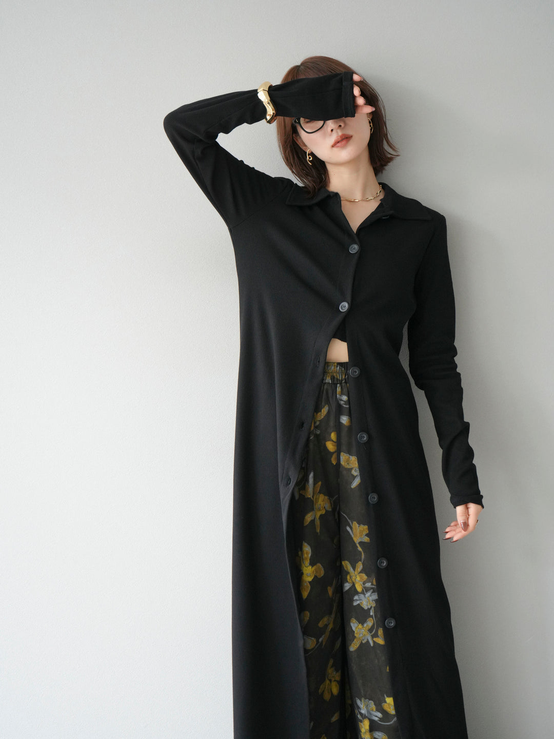 [SET]襟付きカットリブボタンワンピース+フラワープリントチュールレイヤードパンツ(2set)