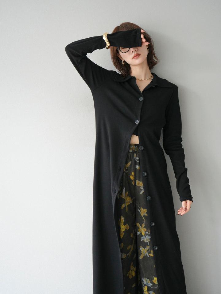 [SET]襟付きカットリブボタンワンピース+フラワープリントチュールレイヤードパンツ(2set)