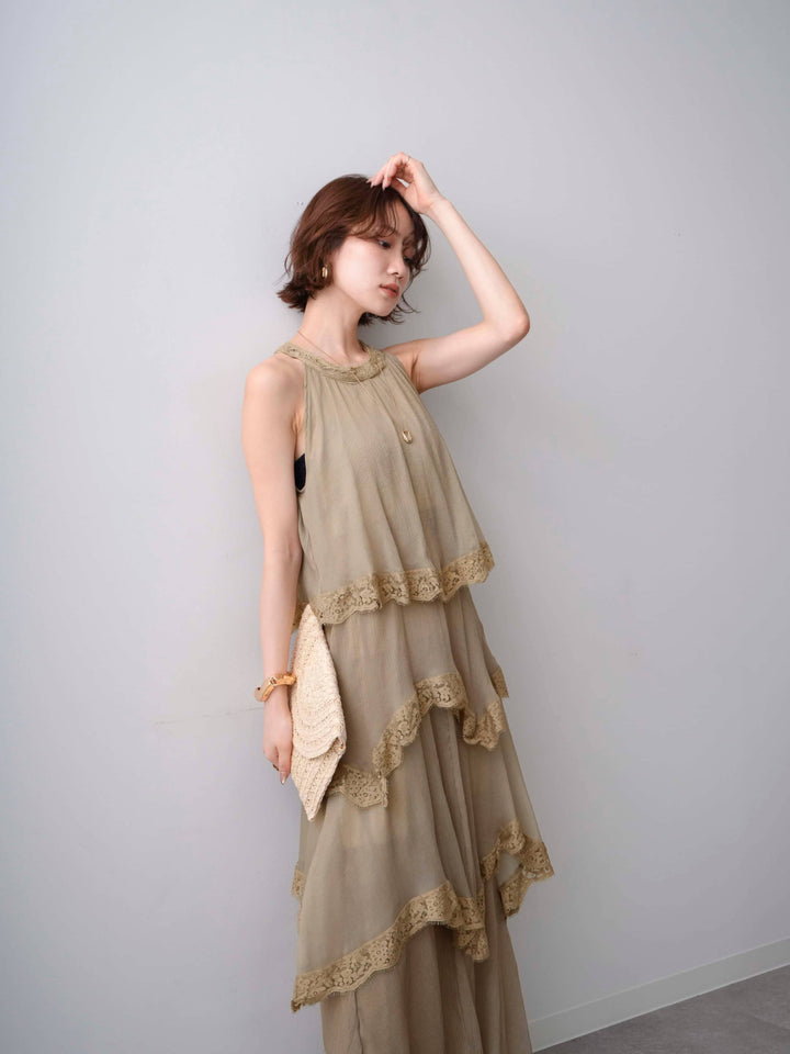 [予約]レースヘムティアードノースリドレス/khaki