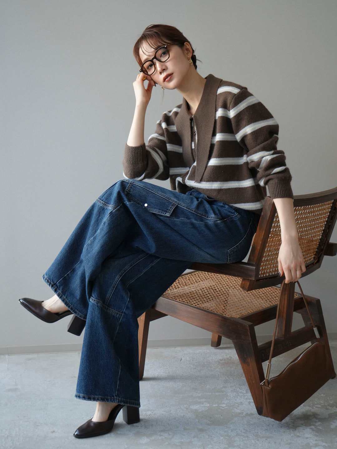 [予約]ボウタイボーダーニットカーディガン/brown