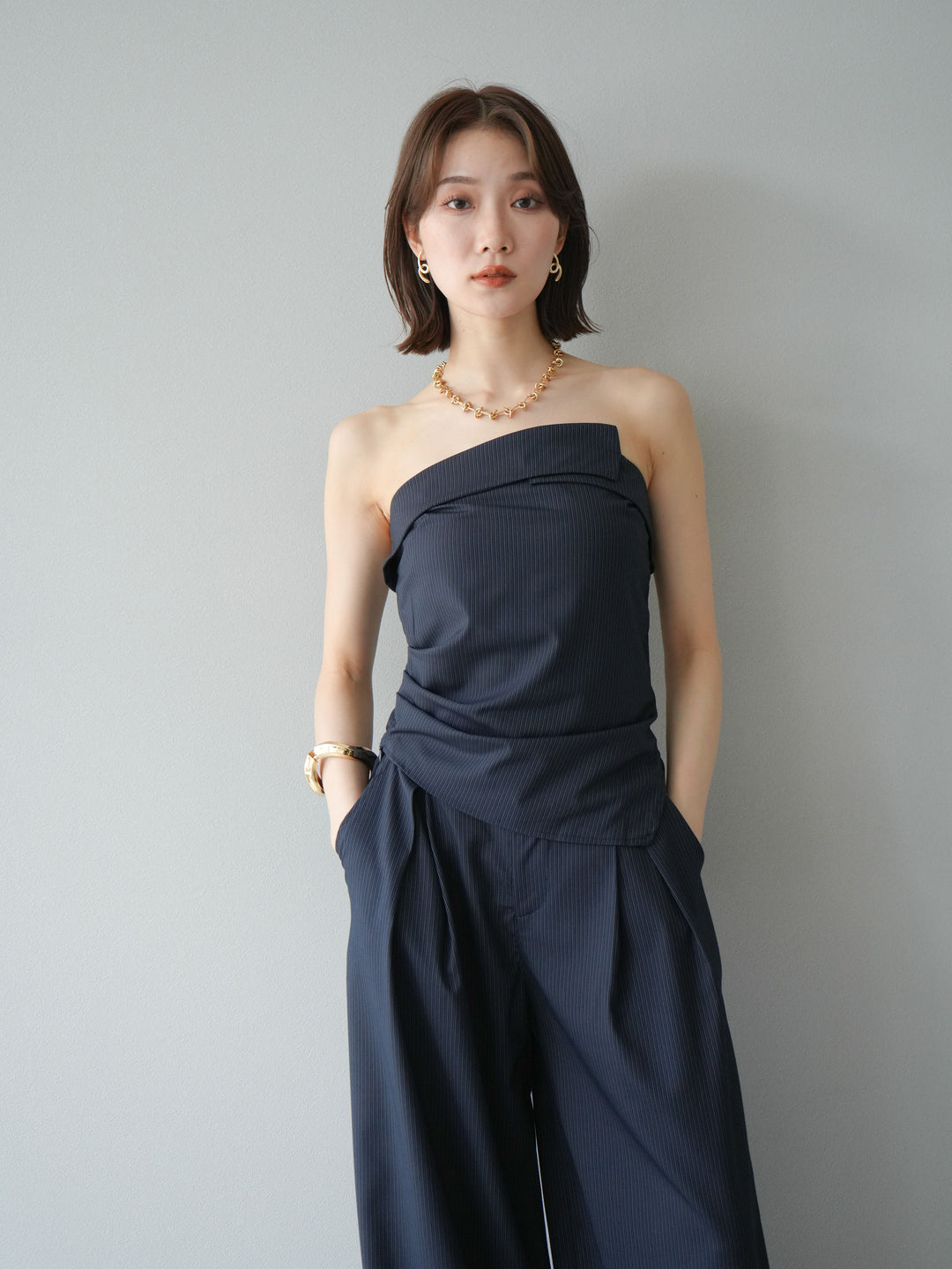 [SET] 條紋褶襉露肩上衣＆寬褲 SET UP (2set)