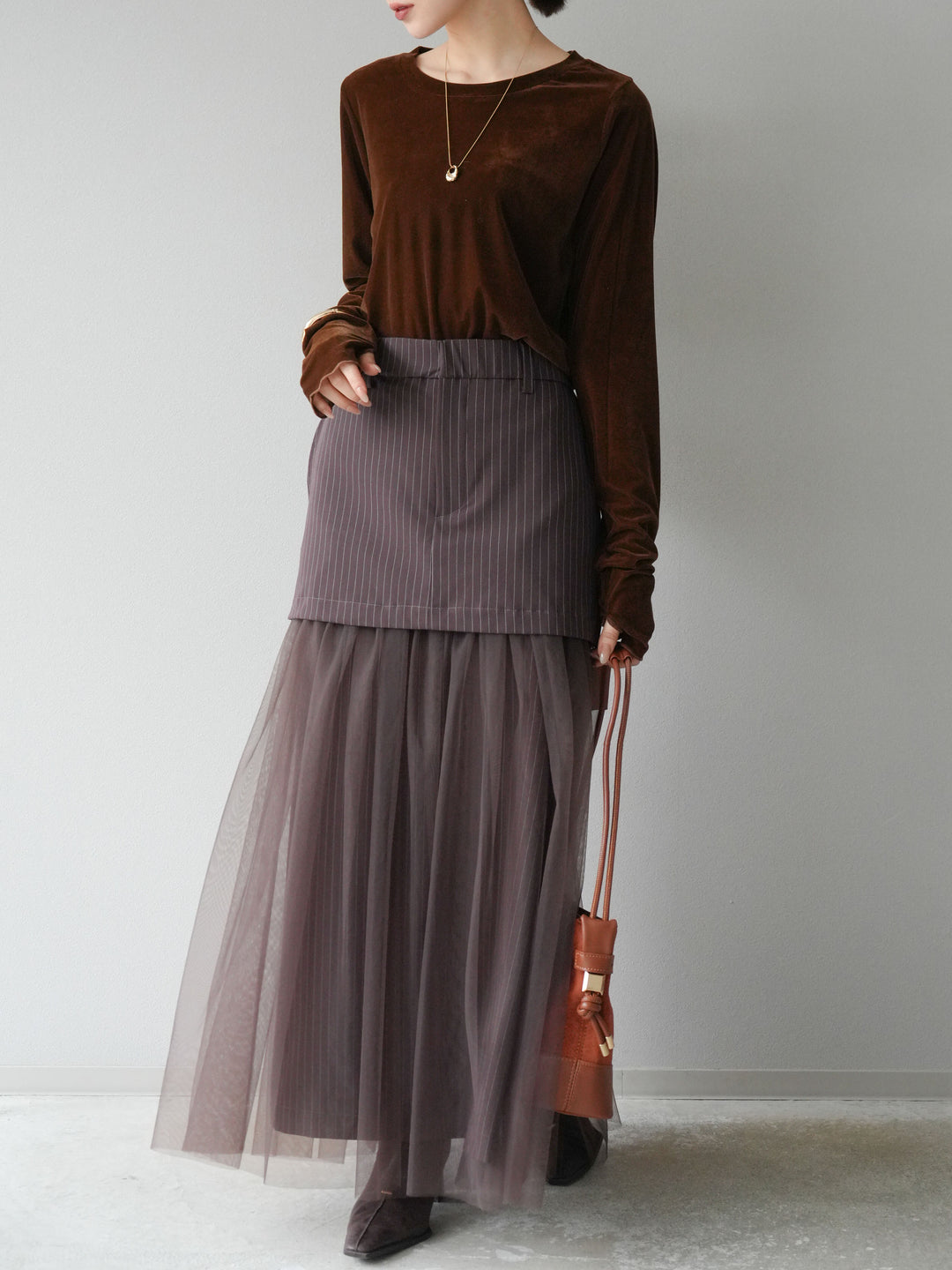 [予約]ストライプ切替チュールスカート/ブラウン