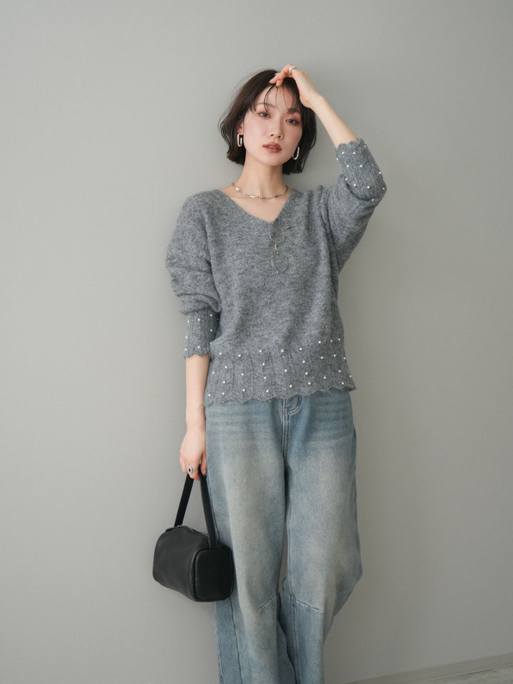 [SET]パールフリルリブヘムニットプルオーバー+選べるアクセセット(2set)