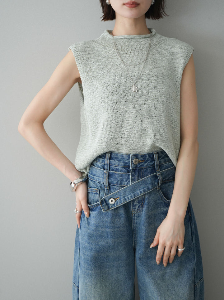【套裝】無袖亞麻質感透視針織套頭衫 + 不對稱闊腿牛仔褲（兩件套）