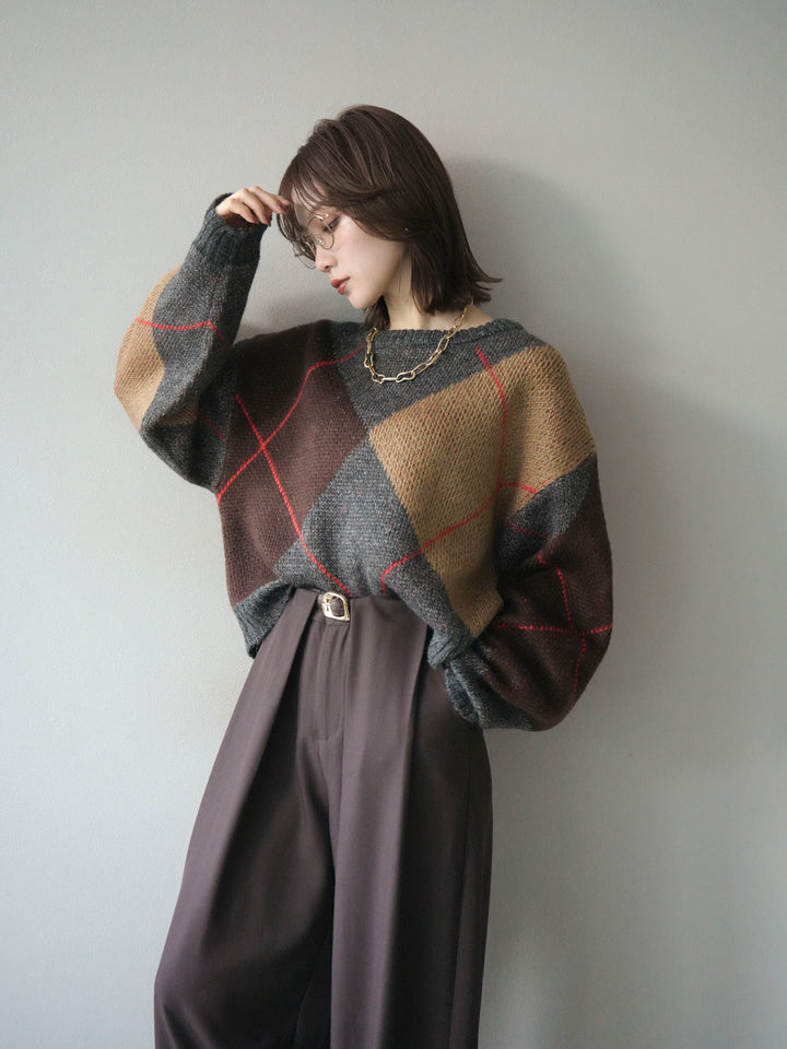 [SET]配色ステッチアーガイル柄ニットプルオーバー+選べるアクセセット(2set)