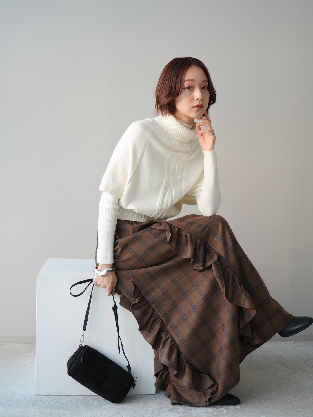 [予約]ケーブル編みタートルハーフスリーブニットアンサンブル/ivory