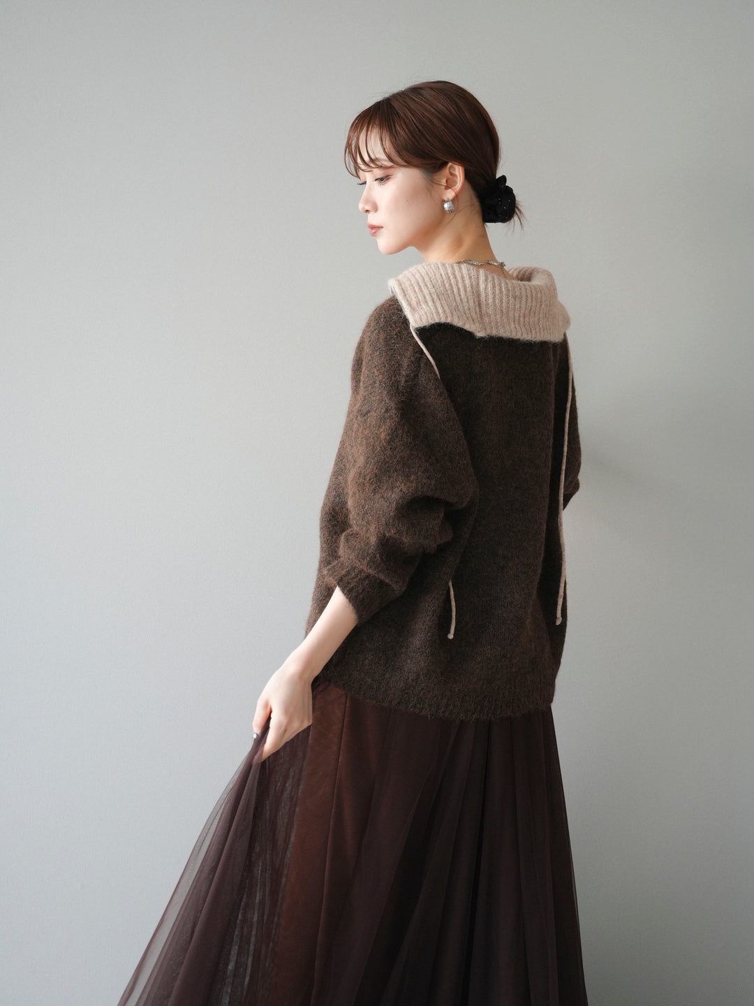 [予約]バイカラージップニットプルオーバー/brown