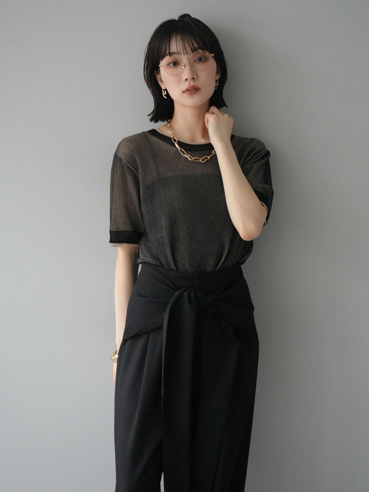 [SET]リネンタッチ配色二重臼ハーフニットトップス+ウエスト巻きデザインワイドパンツ(2set)