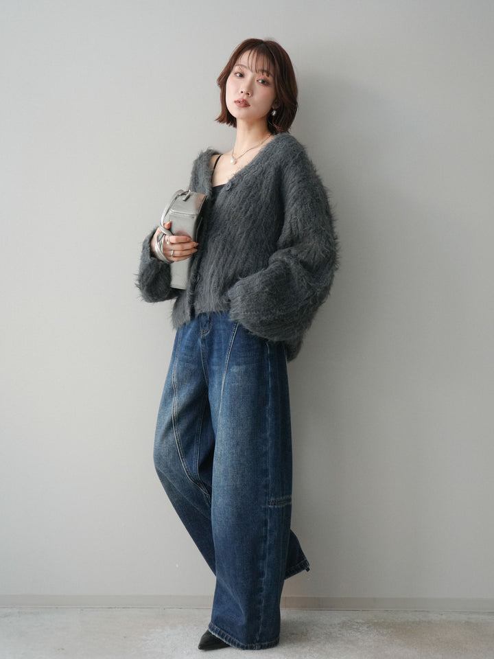 [SET]シャギーオーバーニットカーディガン+裏起毛加工デニムカーブパンツ(2set)