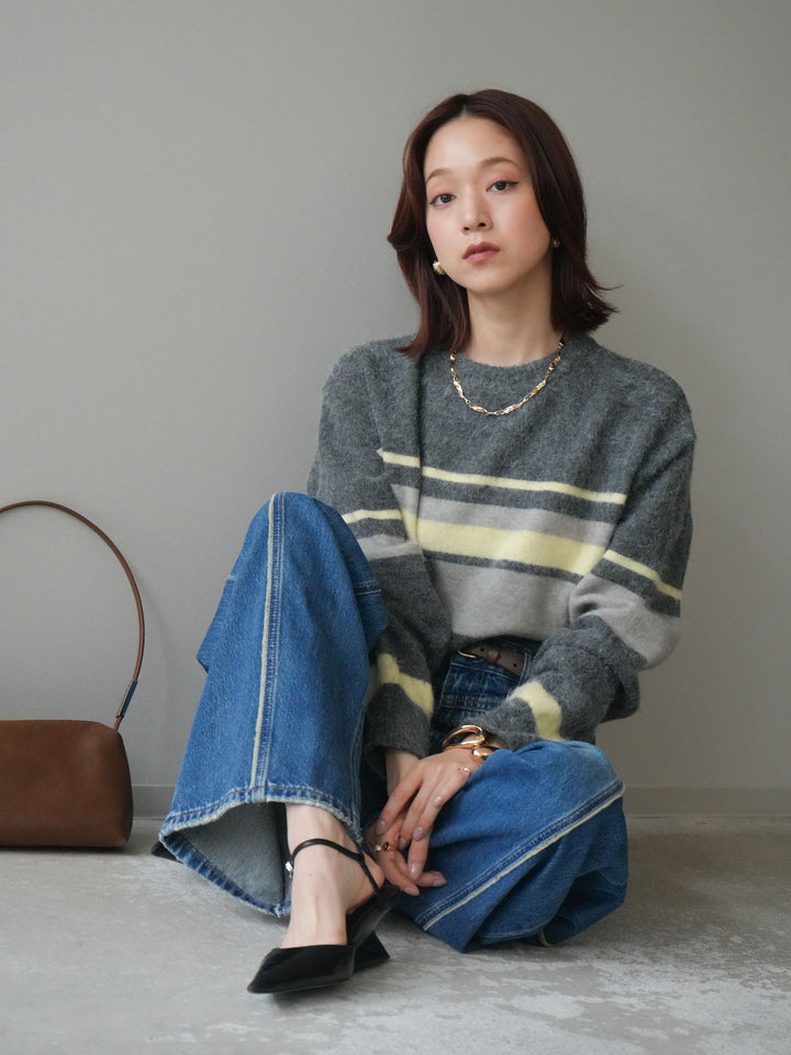 [SET]ソフトタッチボーダークロップドニットプルオーバー+サイドフリンジワイドデニムパンツ(2set)