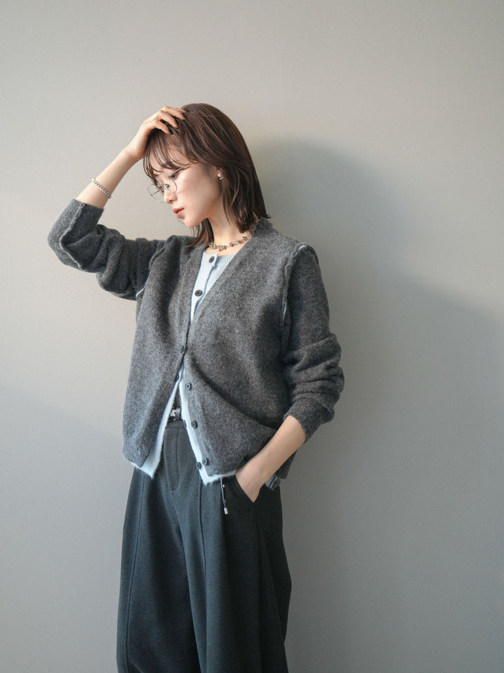 [予約]配色レイヤードニットカーディガン/gray