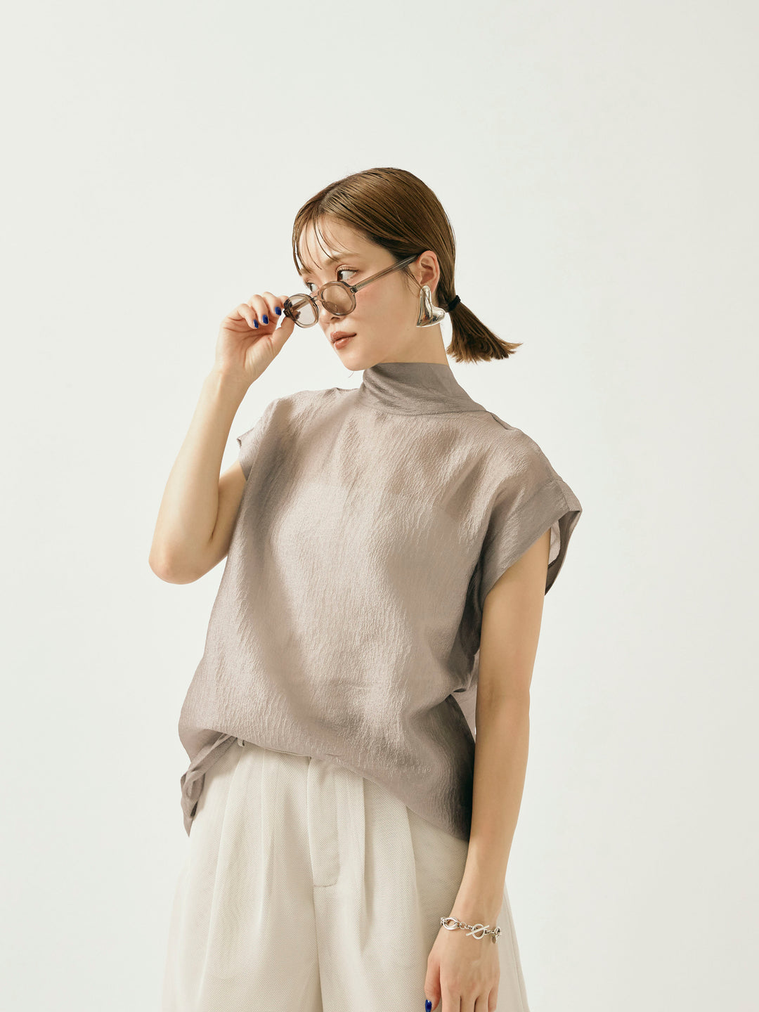 【Allure】[SET]シャイニーシアーブラウス+メッシュタックワイドパンツ(2set)