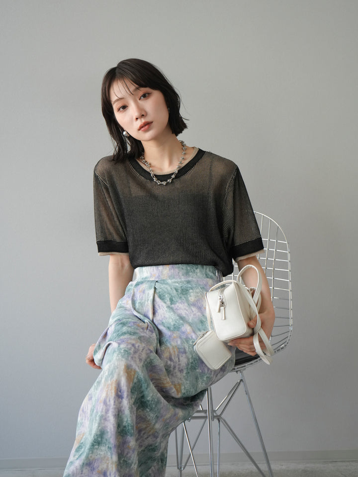 [SET]リネンタッチ配色二重臼ハーフニットトップス+選べるアソート柄スカートセット(2set)