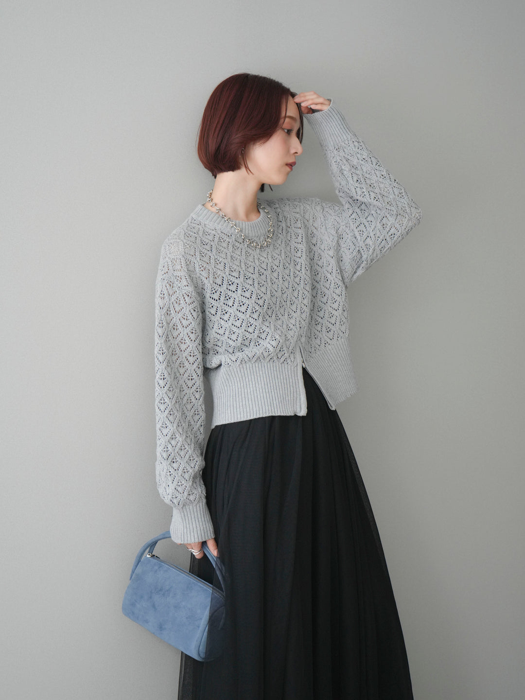 [予約]透かし編みフロントジップスリットニットプルオーバー/gray