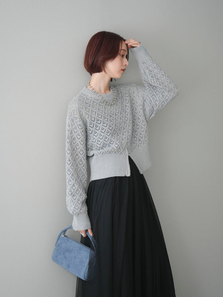 [予約]透かし編みフロントジップスリットニットプルオーバー/gray