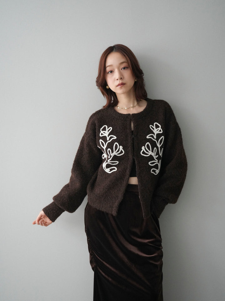 [SET]テープ刺繍ホック開きブークレニットカーディガン+選べるアクセセット(2set)