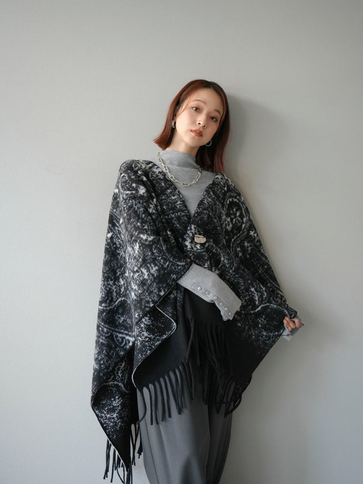 [予約]アブストラクト柄ストールポンチョ/ブラック