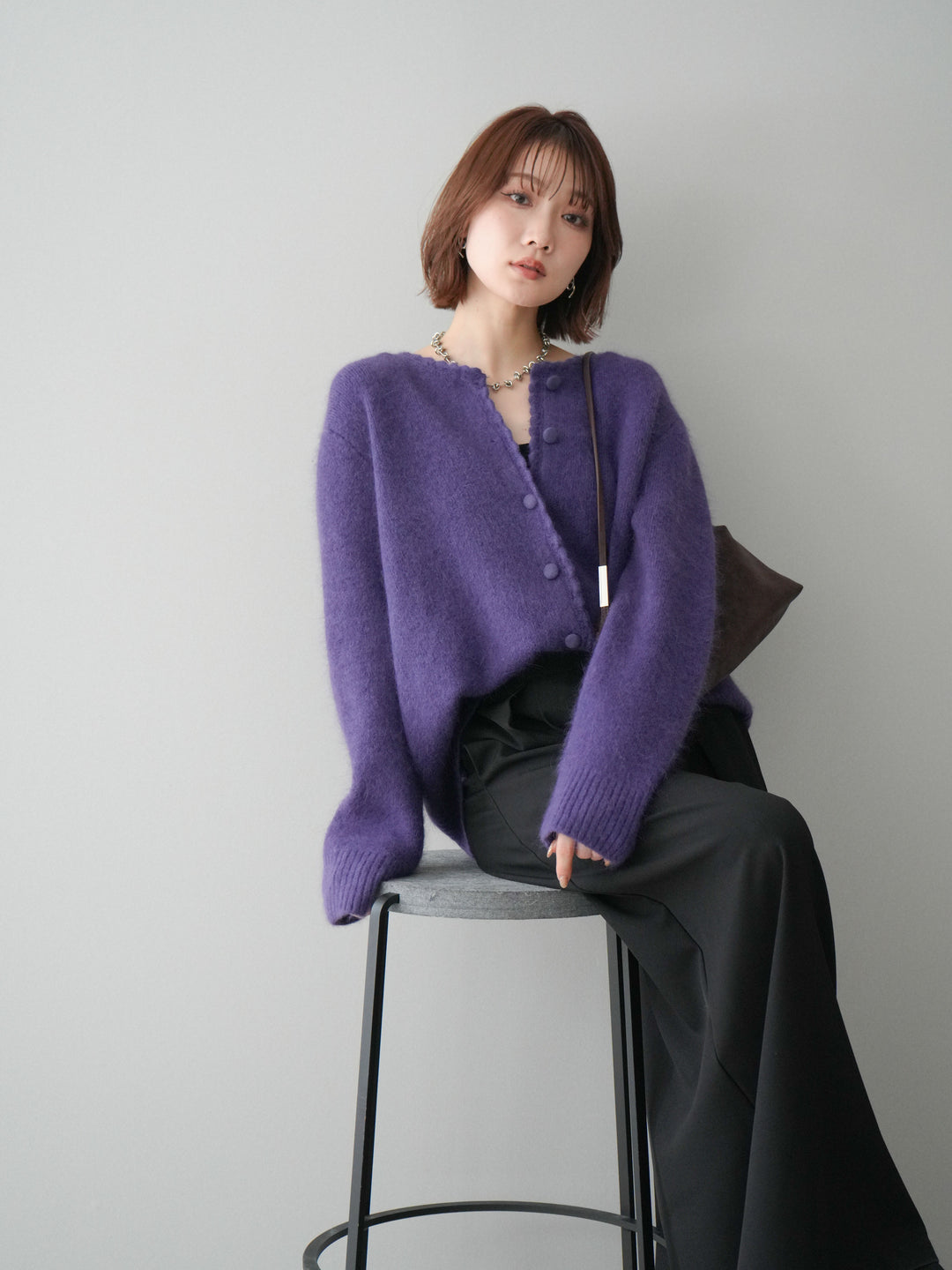 [SET]くるみボタンニットカーディガン+テープベルトタックバギーパンツ(2set)