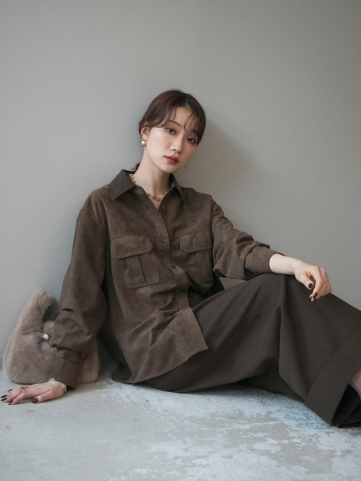 [予約]レザー襟スエードシャツ/khaki