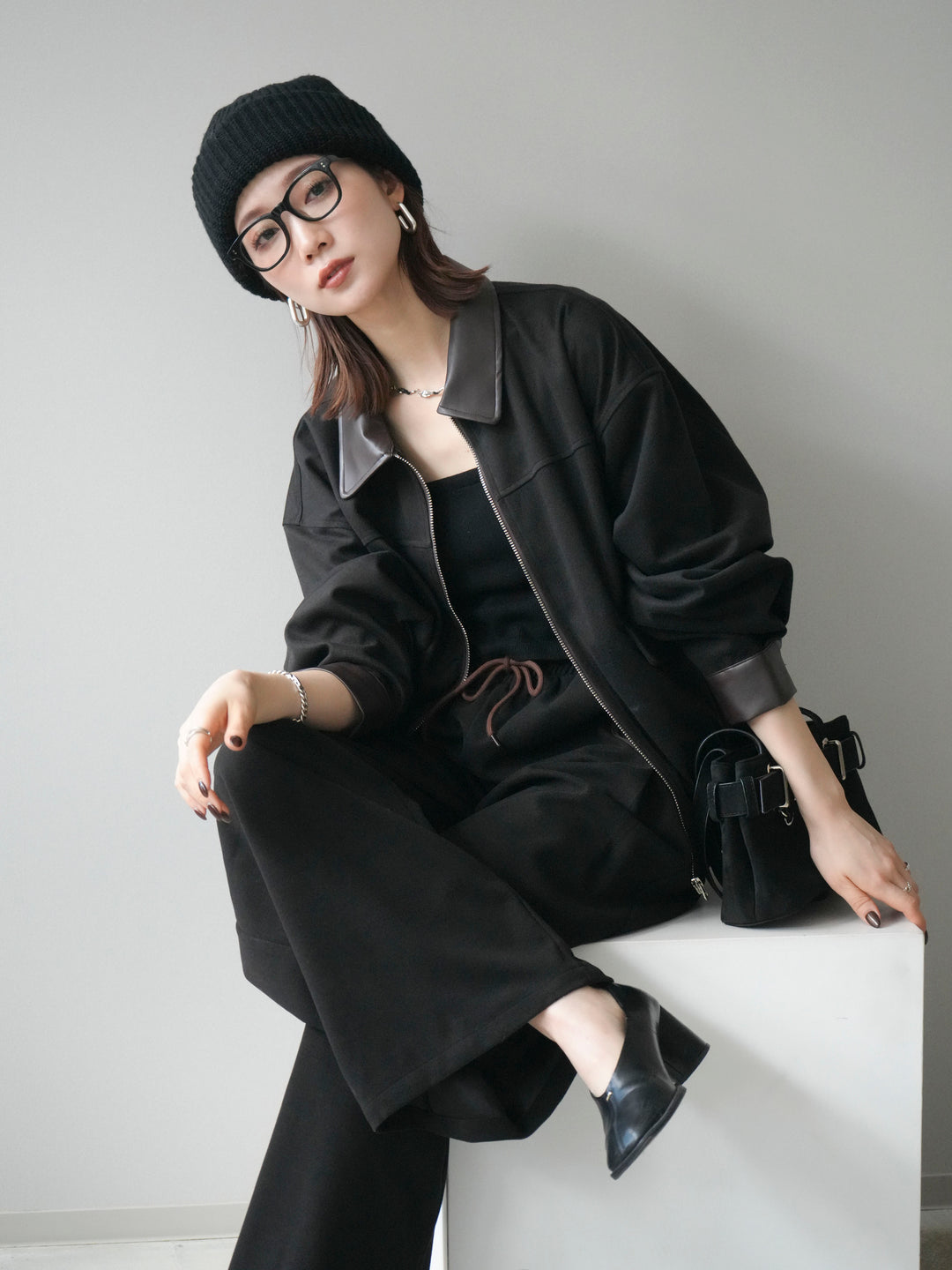 [予約]レザー襟配色パイピングブルゾン/black