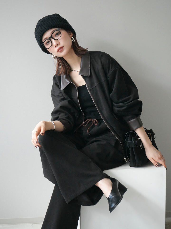 [予約]レザー襟配色パイピングブルゾン/black