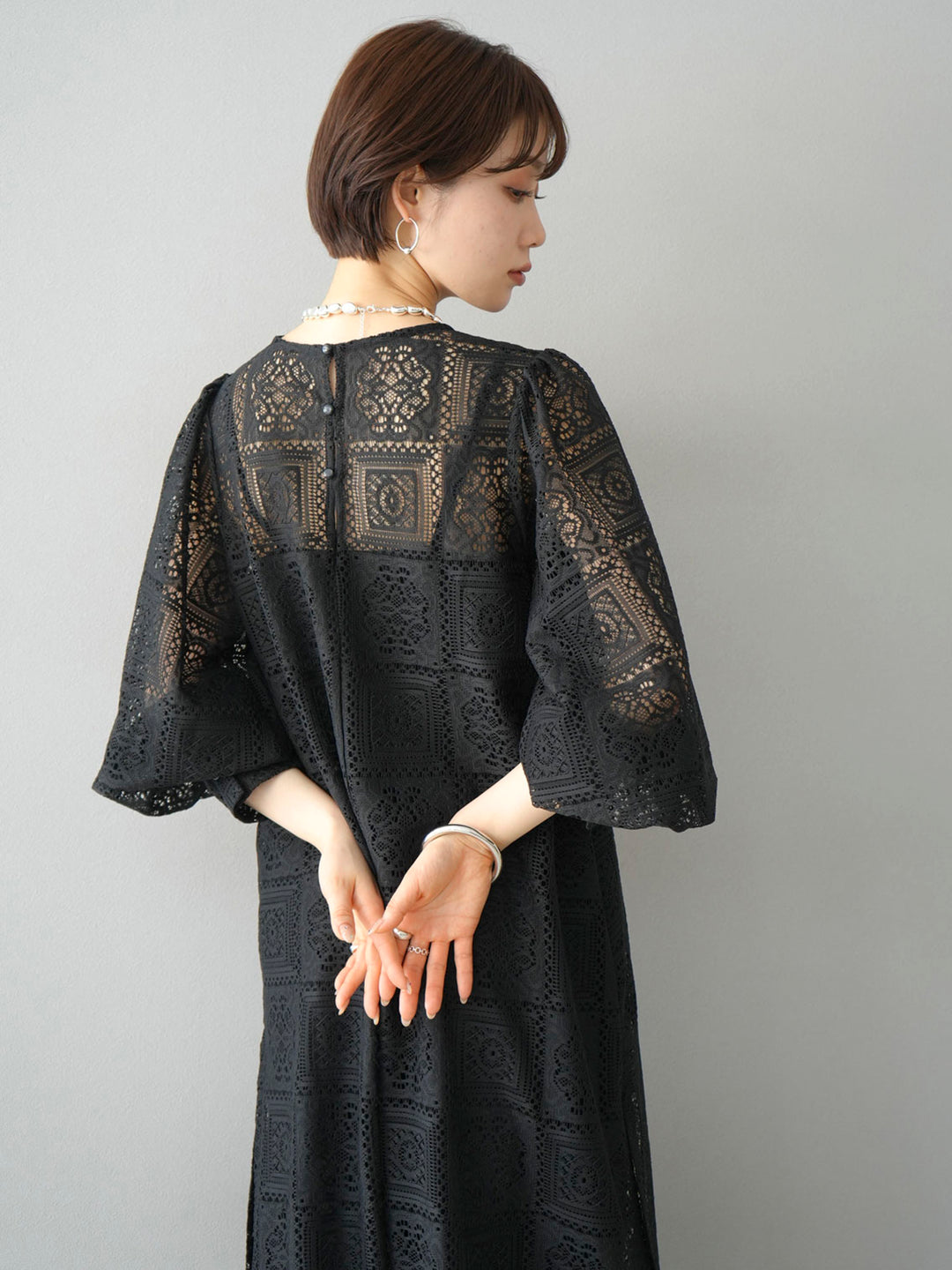 [SET] Block lace volume sleeve dress + block lace wide pants (2set)