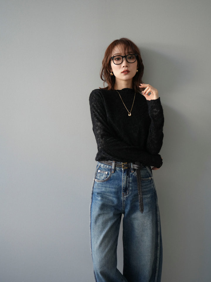 [予約]起毛レースプチネックトップス/black