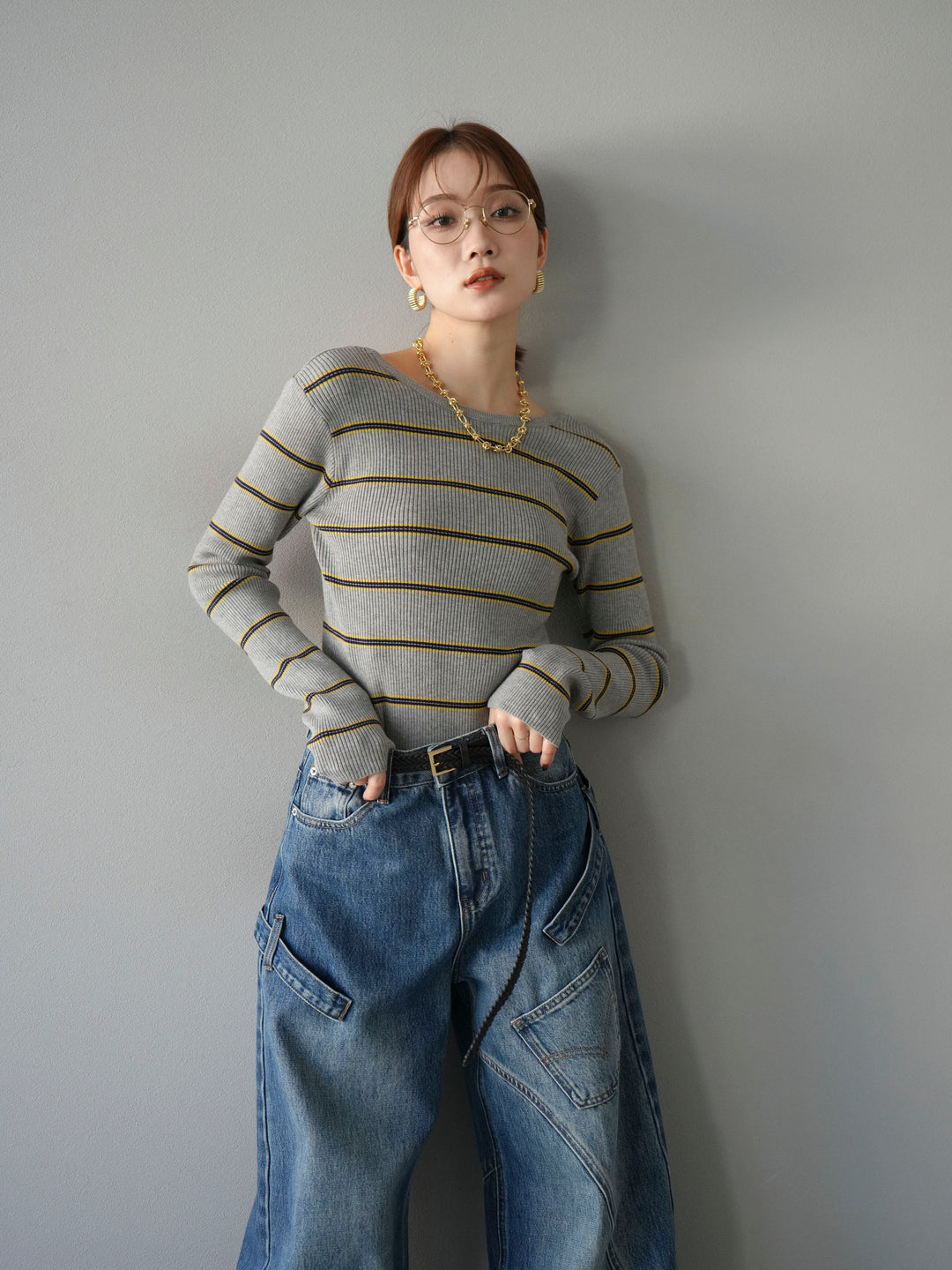 [予約]バックオープンボーダーテレコリブトップス/グレー