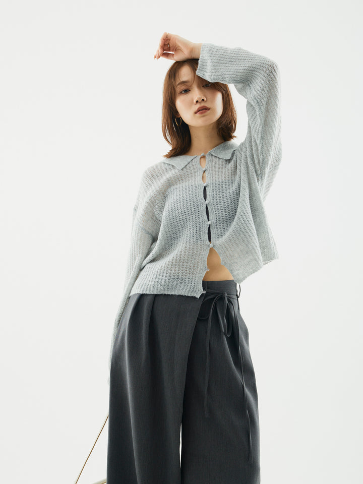 【Allure】[SET]起毛片畦編みシアーポロニット+ラップデザインタックワイドパンツ(2set)