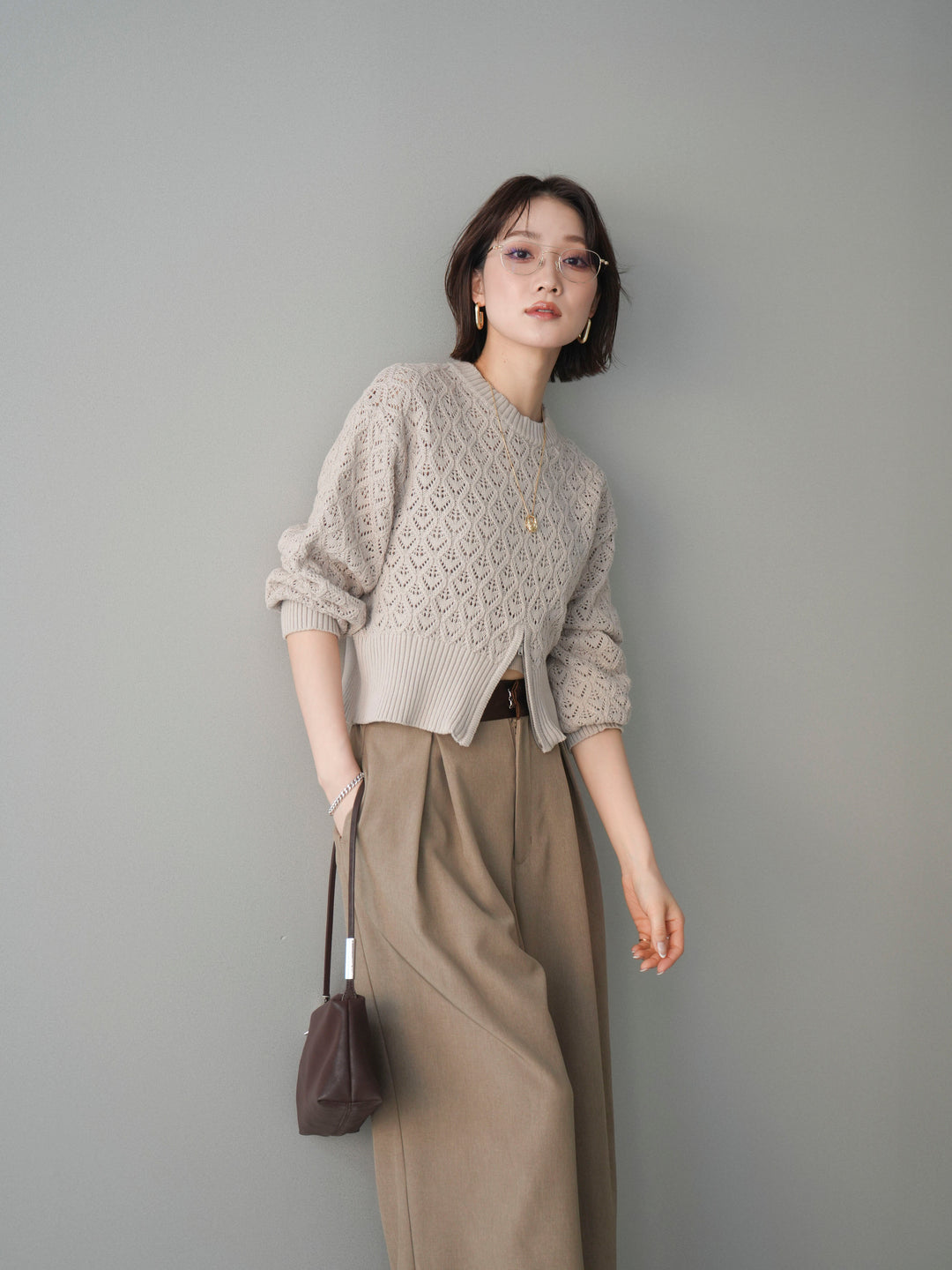 [予約]透かし編みフロントジップスリットニットプルオーバー/lightbeige