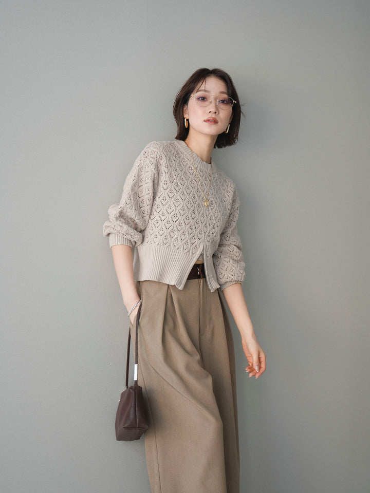 [予約]透かし編みフロントジップスリットニットプルオーバー/lightbeige
