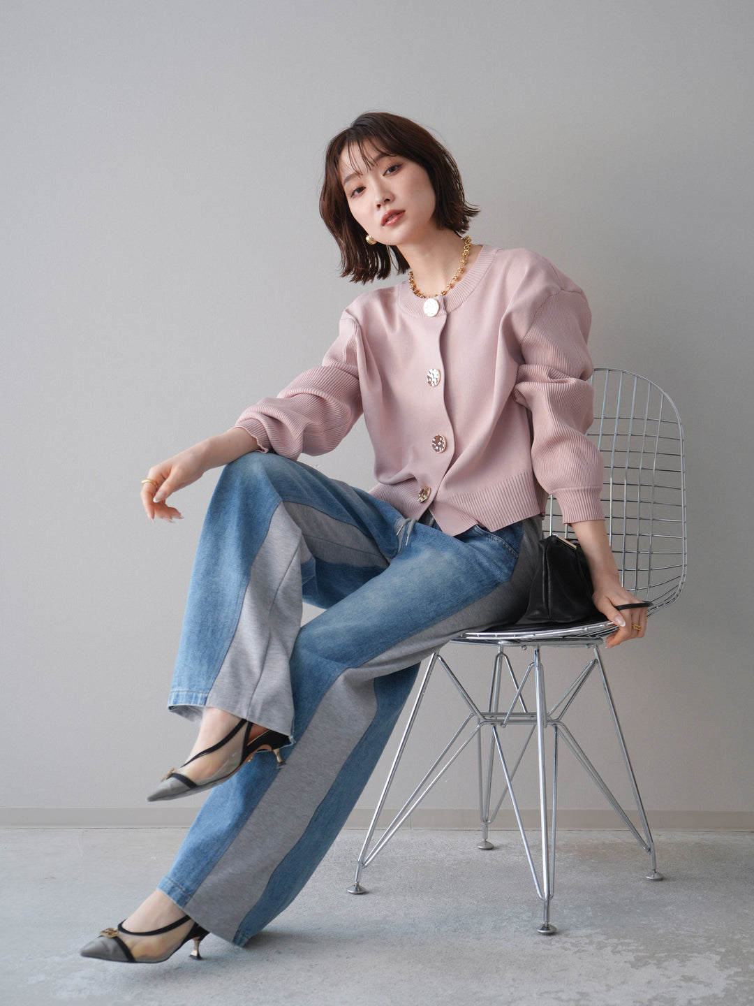 [SET]メタルボタンクルーネックニットカーディガン+選べるアクセセット(2set)