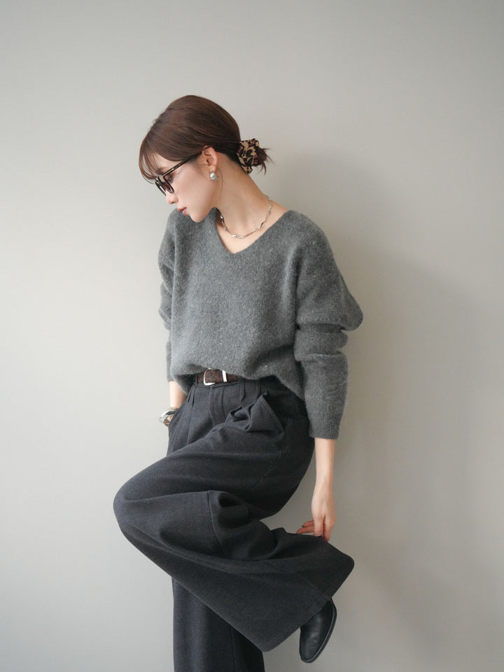 [SET]シュシュ付きアンゴラタッチVネックニットプルオーバー+選べるアクセセット(2set)