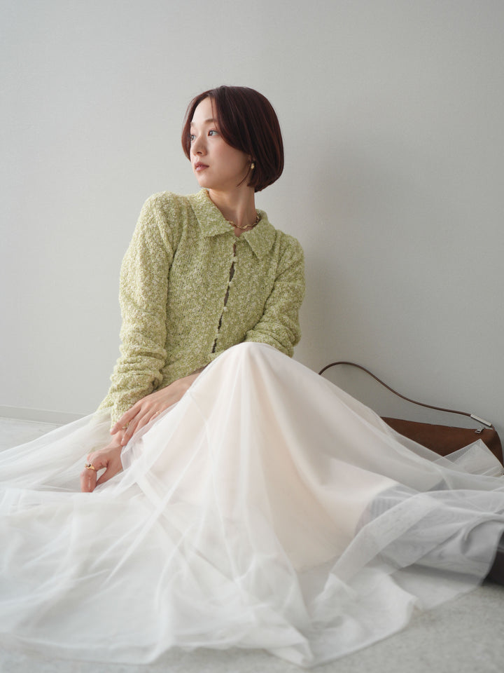 [予約]透かし編みブークレポロニットトップス/green