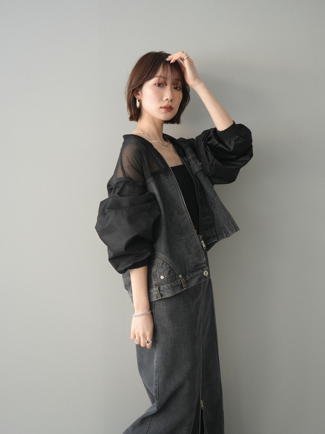 [SET]異素材デニムブルゾン+フロントジップデニムスカート(2set)