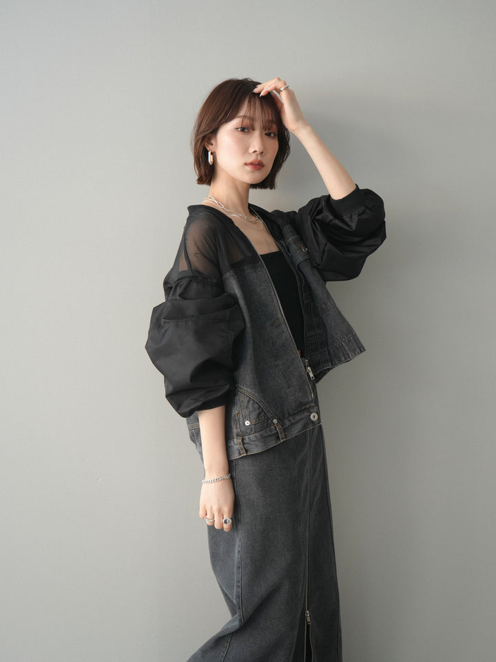 [SET]異素材デニムブルゾン+フロントジップデニムスカート(2set)