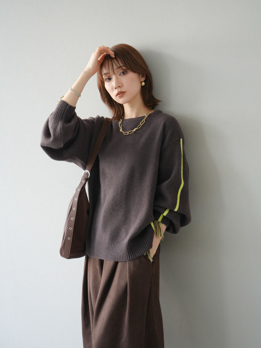 [SET]配色ステッチフリンジニットプルオーバー +スウェードタックワイドパンツ(2set)