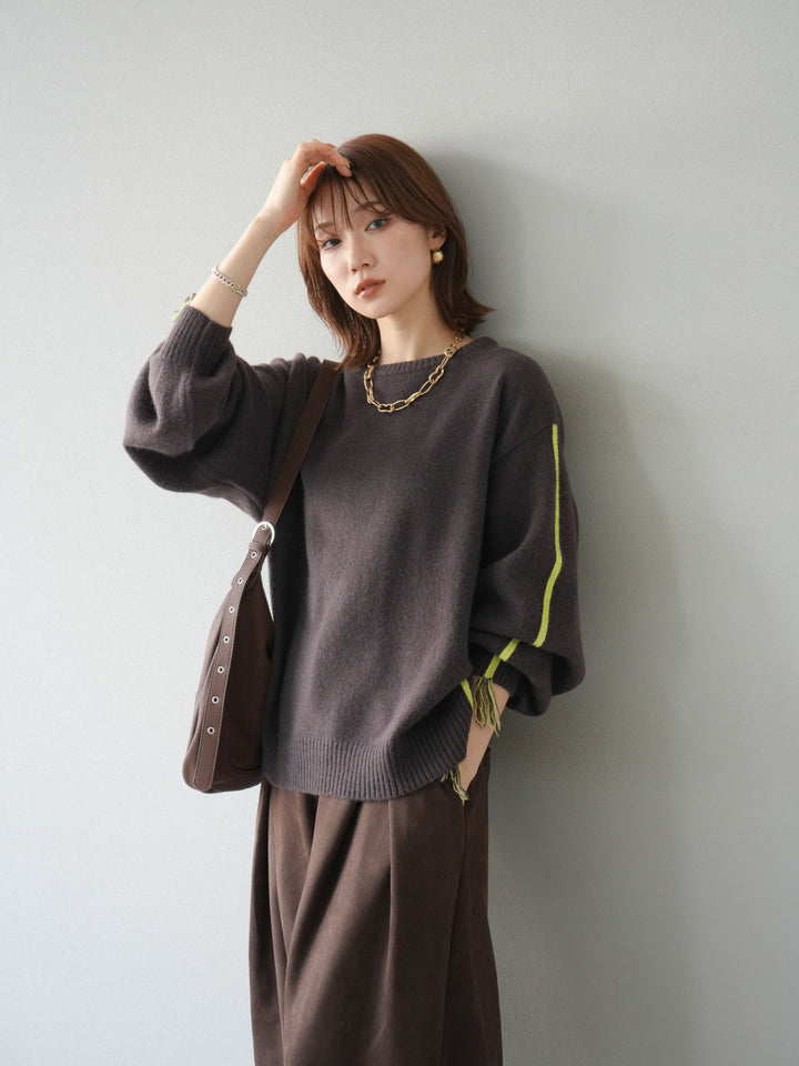 [SET]配色ステッチフリンジニットプルオーバー +スウェードタックワイドパンツ(2set)