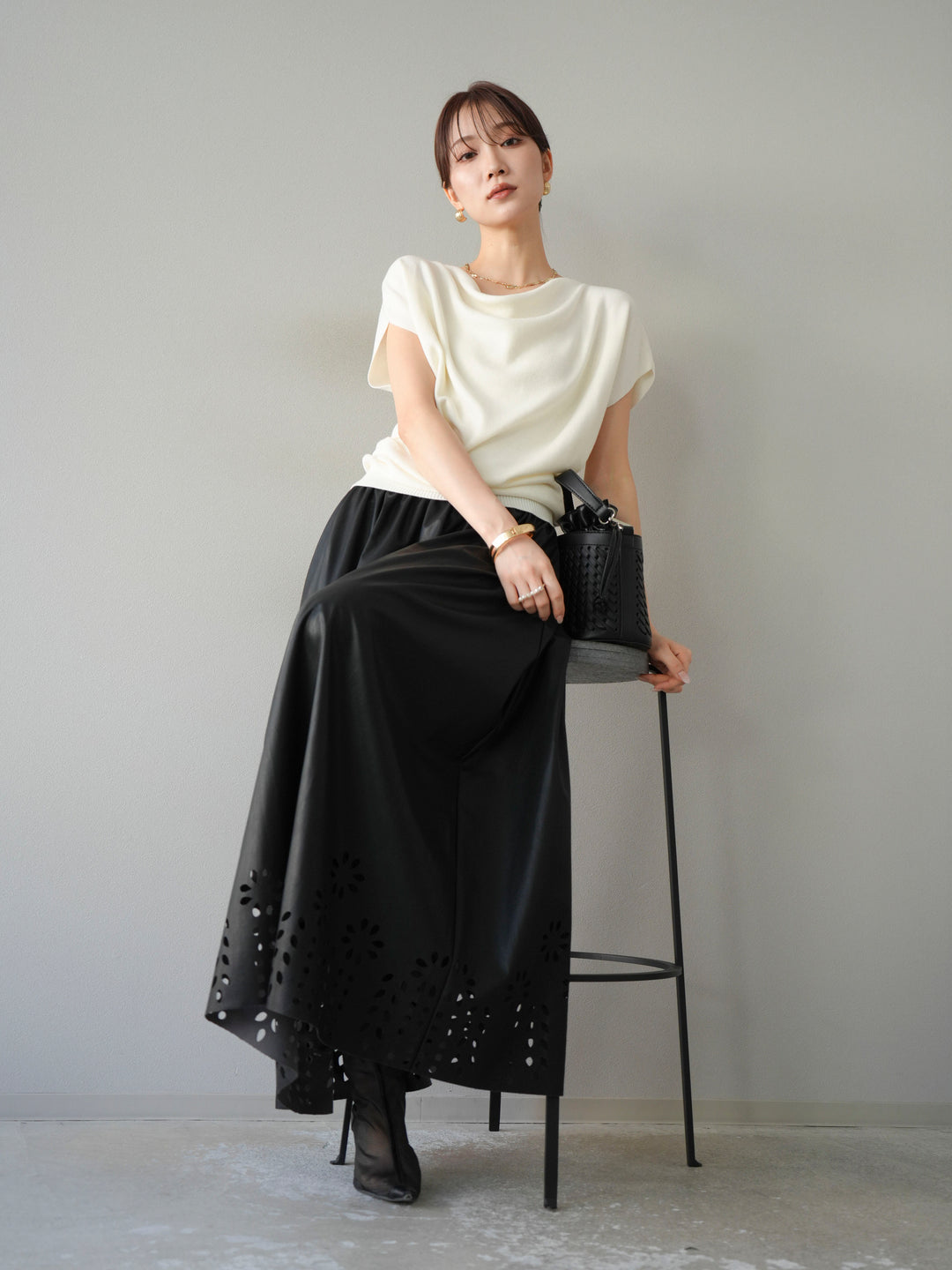 [予約]ドレープドルマンフレンチスリーブニットトップス/アイボリー