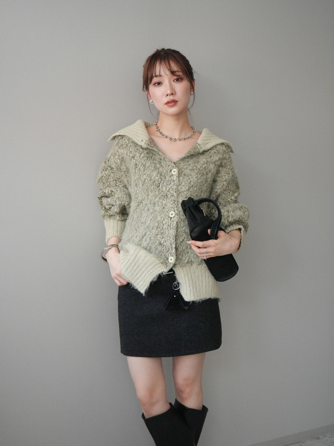 [予約]リブ切替メランジニットカーディガン/green