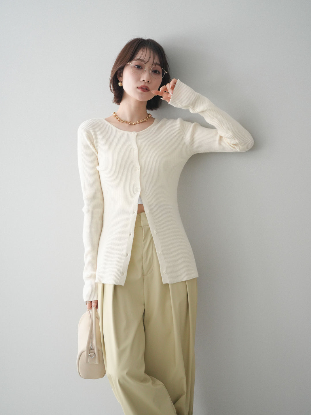 [予約]前後2WAYリブ編みクルーネックカーディガン/ivory