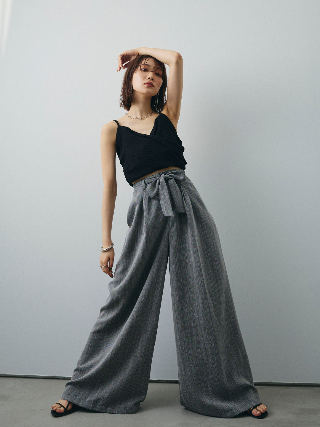 [SET]リネンライクカシュクールデザインビスチェ+リネンライクウエストリボンワイドパンツ(2set)