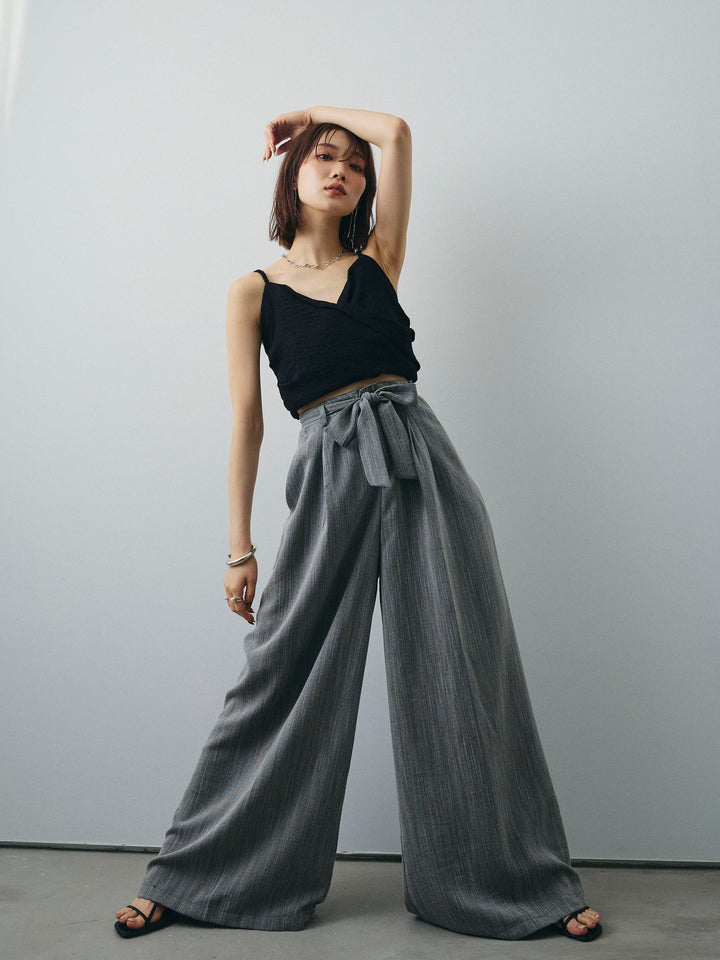 [SET]リネンライクカシュクールデザインビスチェ+リネンライクウエストリボンワイドパンツ(2set)