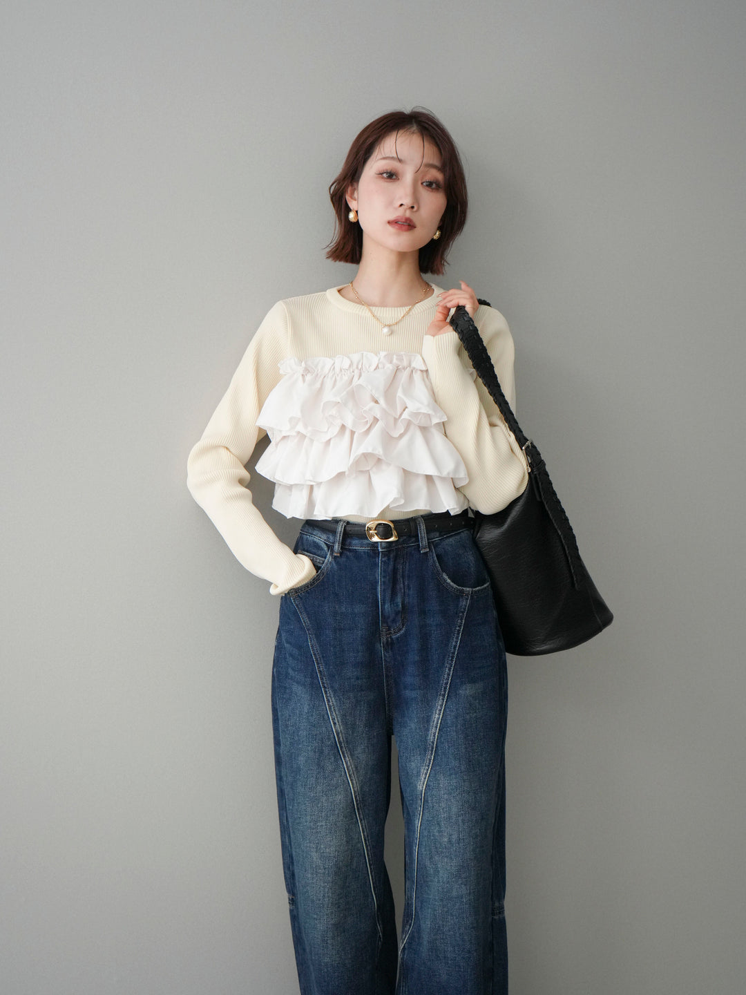 [予約]フリルビスチェドッキングスポンジニットプルオーバー/ivory